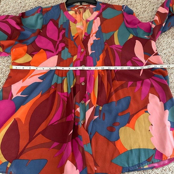 EASEL BOHO MULTI ABSTRACT LEAF PRINT LONG SLEEVE BUTTON-UP TOP M - Picture 7 of 11